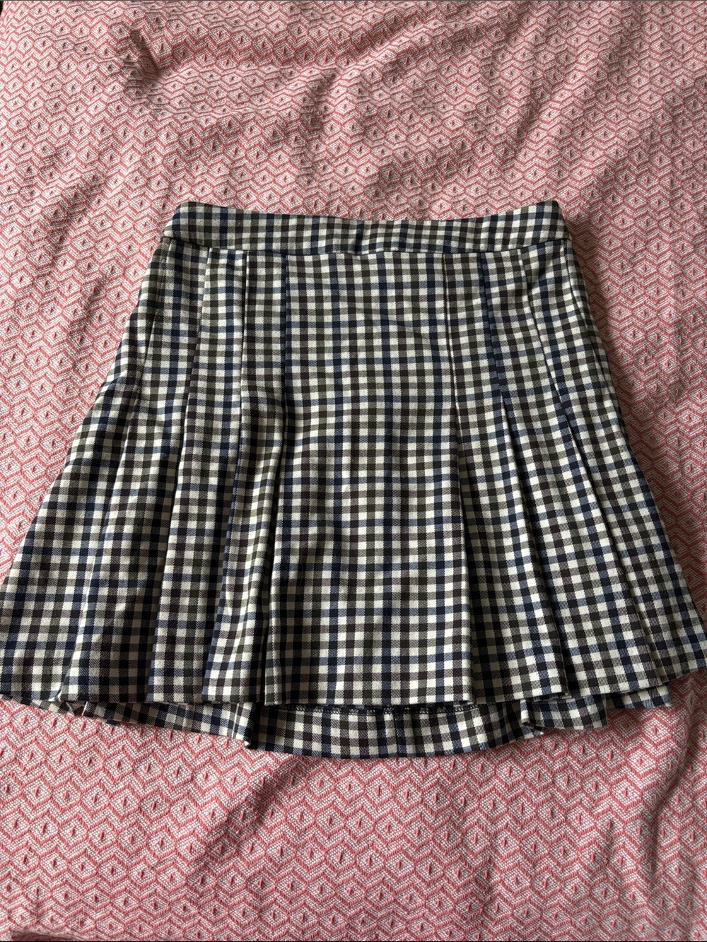 Mango Navy, olive, brown and White checked Gingham Pleated Skirt